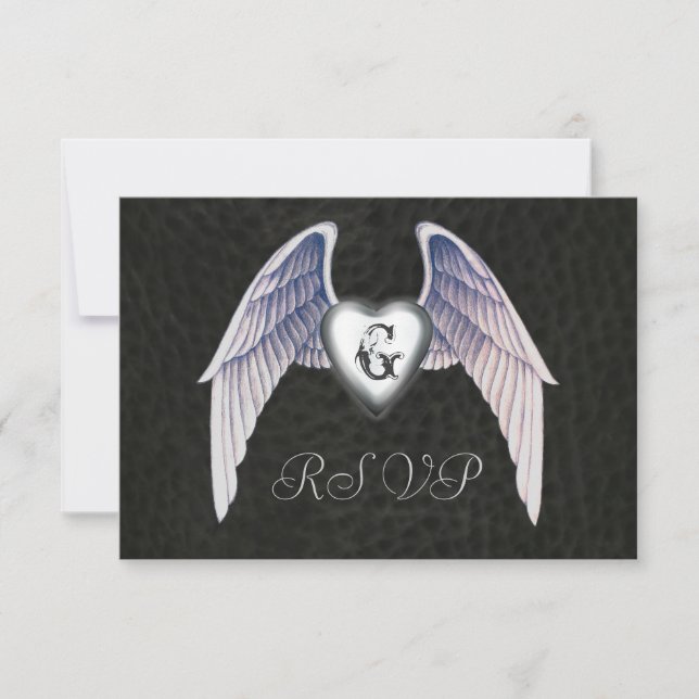 Invitación RSVP cromada y de cuero falso con coraz (Anverso)