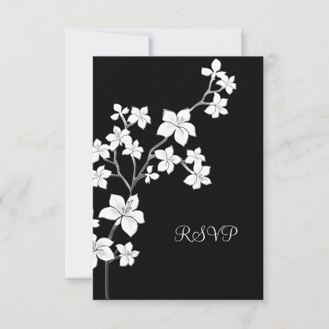Invitación RSVP Cumpleaños Asiático Floral Negra Blanco (Anverso)