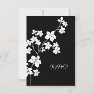 Invitación RSVP Cumpleaños Asiático Floral Negra Blanco