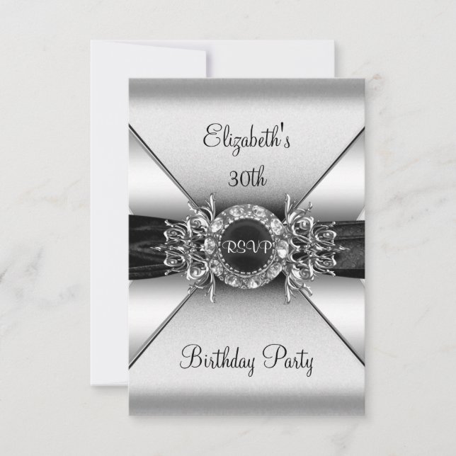 Invitación RSVP Cumpleaños Diamante Joya Negro Blanco Plata (Anverso)