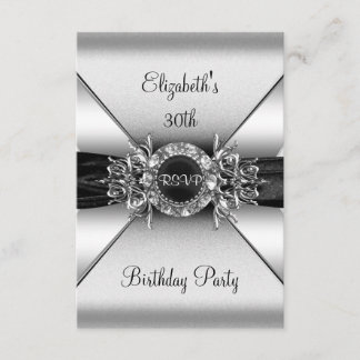 Invitación RSVP Cumpleaños Diamante Joya Negro Blanco Plata