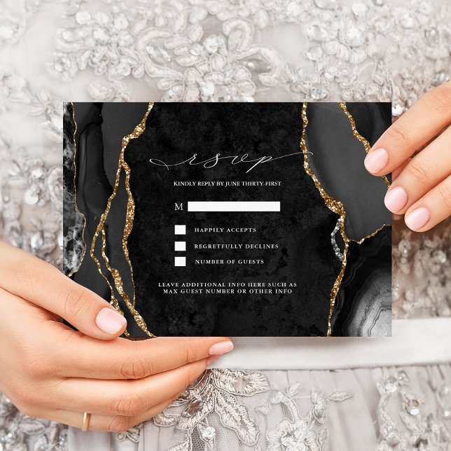 Invitación RSVP de Agate negro y oro (Subido por el creador)