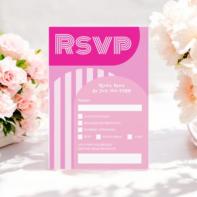 Invitación Rsvp de boda arca rosa caliente retro de los años  (Vintage retro 70s hot pink arch wedding rsvp)