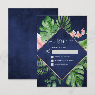 Invitación RSVP de boda azul marino con palmera tropical acua