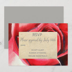 Invitación RSVP de boda con arte floral de rosa roja rústica