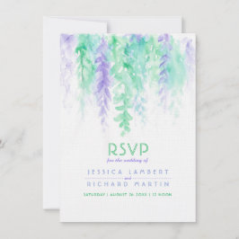 Invitación RSVP de boda con efecto de acuarela verde púrpura 
