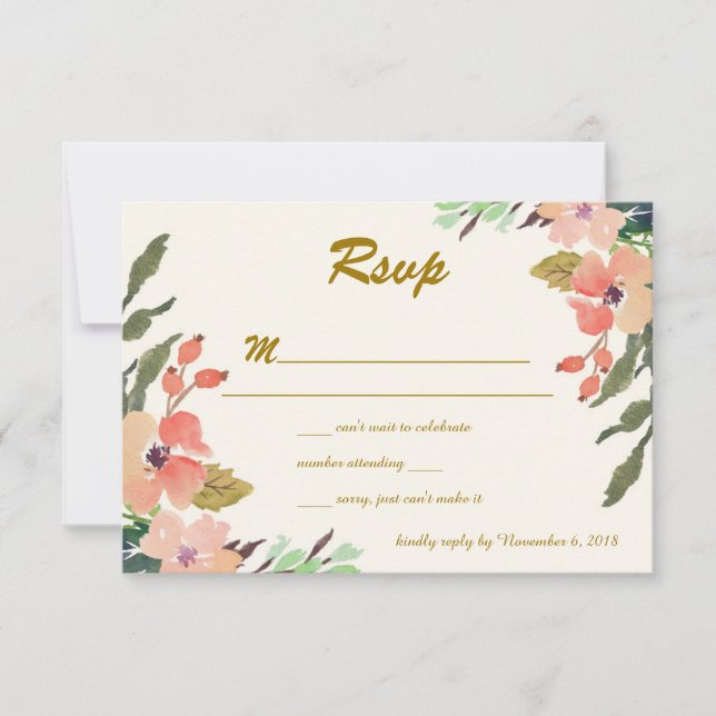 Invitación RSVP de boda con flores en acuarela (Anverso)