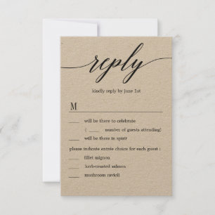 Invitación RSVP de boda con opciones de menú Kraft de guion m