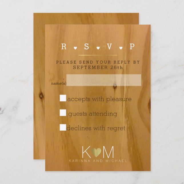 Invitación rsvp de boda con vetas de madera rústica (Anverso / Reverso)