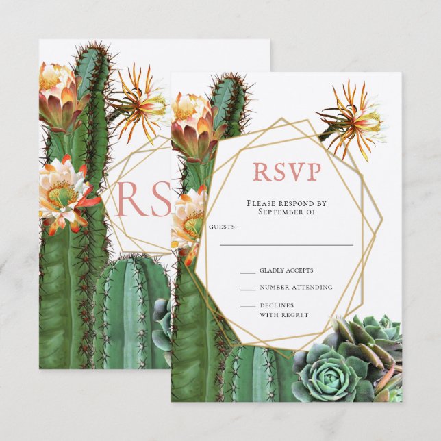 Invitación RSVP de boda de cactus suculento verde (Anverso / Reverso)