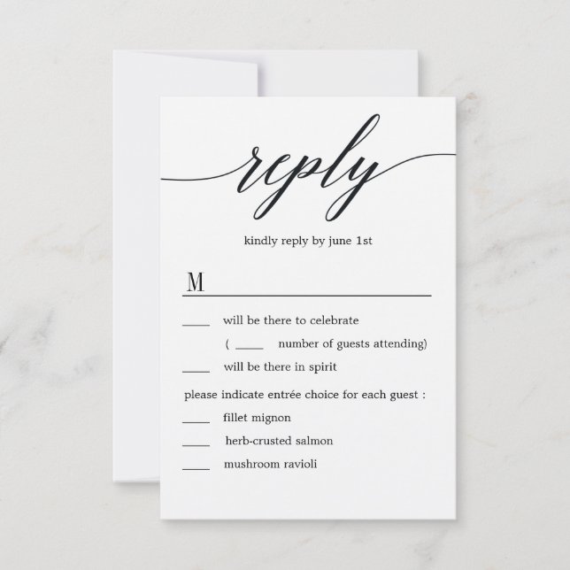 Invitación RSVP de boda de guión moderno con opciones de menú (Anverso)