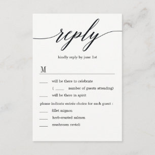 Invitación RSVP de boda de guión moderno con opciones de menú