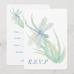 Invitación RSVP de boda de libélula azul acuarela