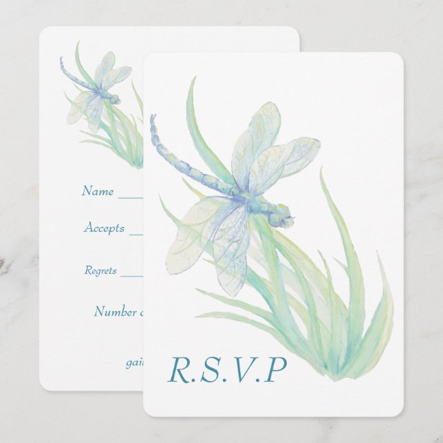 Invitación RSVP de boda de libélula azul acuarela (Anverso / Reverso)