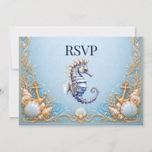 Invitación RSVP de boda de lujo en la playa con caballito de  (Anverso)