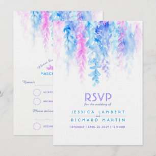 Invitación RSVP de boda en acuarela azul púrpura en cascada