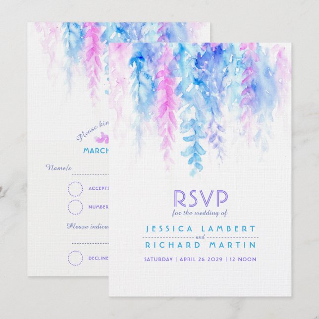 Invitación RSVP de boda en acuarela de tonos azules y púrpura (Anverso / Reverso)