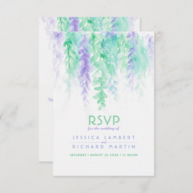 Invitación RSVP de boda en acuarela verde púrpura en cascada (Anverso / Reverso)