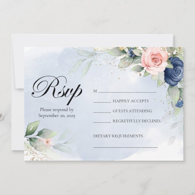Invitación RSVP de boda floral azul marino y rubor (Anverso)