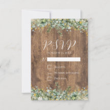 RSVP de boda floral blanco y eucalipto dorado rúst