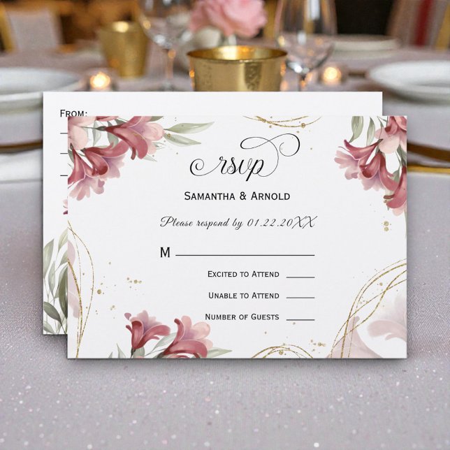 Invitación RSVP de boda floral de acuarela granate (Subido por el creador)