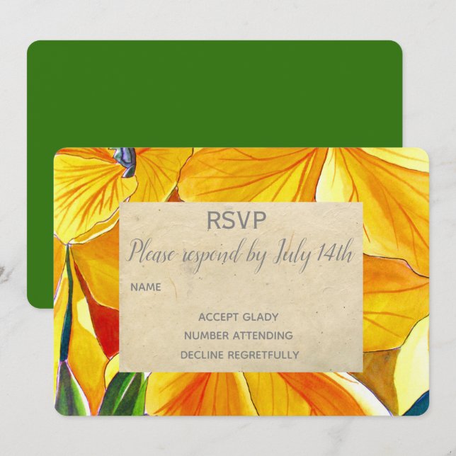 Invitación RSVP de boda flores amarillas rústico campestre (Anverso / Reverso)