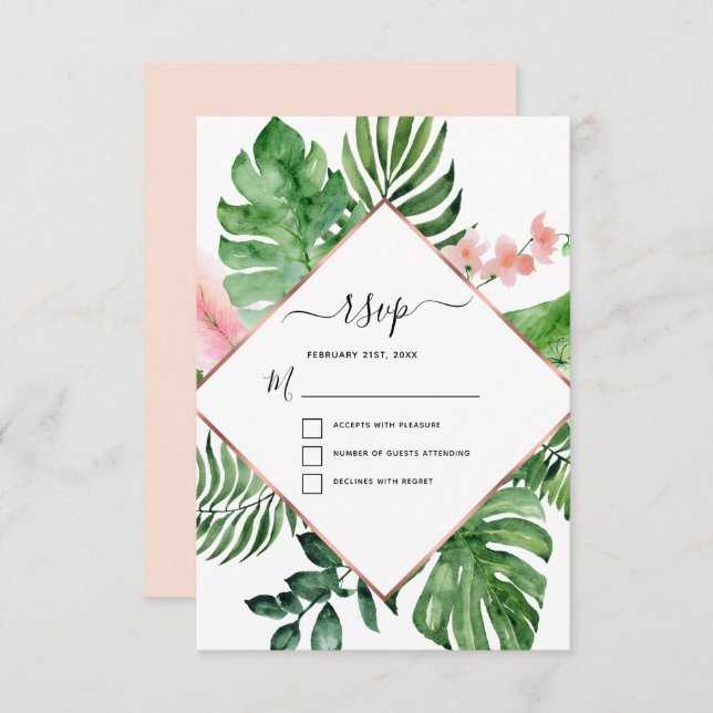Invitación RSVP de boda geométrica acuarela de palma tropical (Anverso / Reverso)