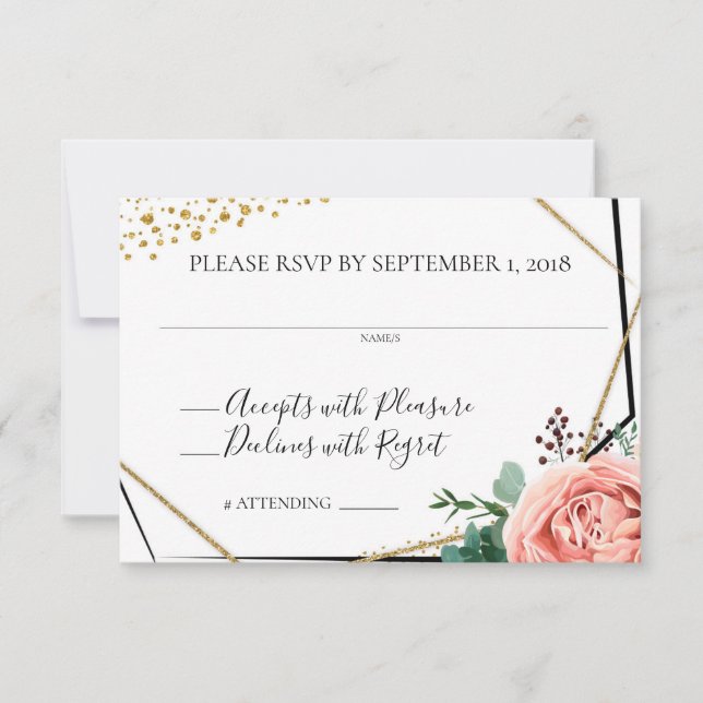 Invitación RSVP de Boda Geométrica Moderna en Dorado y Rosa (Anverso)