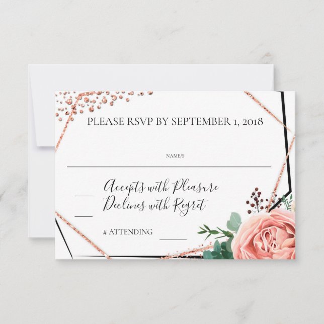 Invitación RSVP de Boda Geométrico de Oro Rosa Moderno (Anverso)