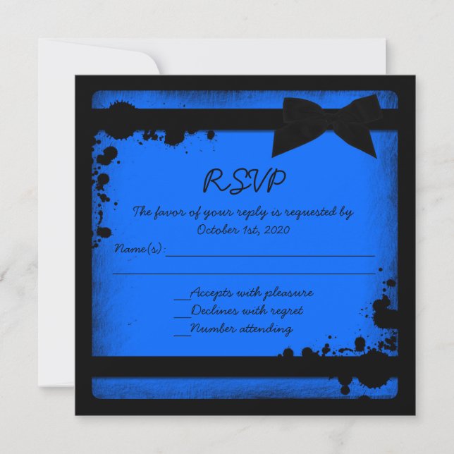 Invitación RSVP de boda grunge con cinta negra y azul neón (Anverso)