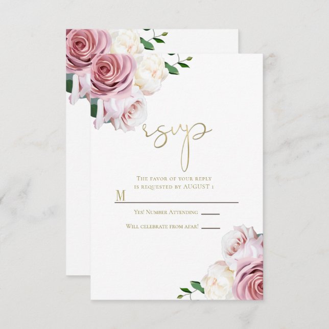 Invitación RSVP de Boda Moderna con vegetación floral de rosa (Anverso / Reverso)