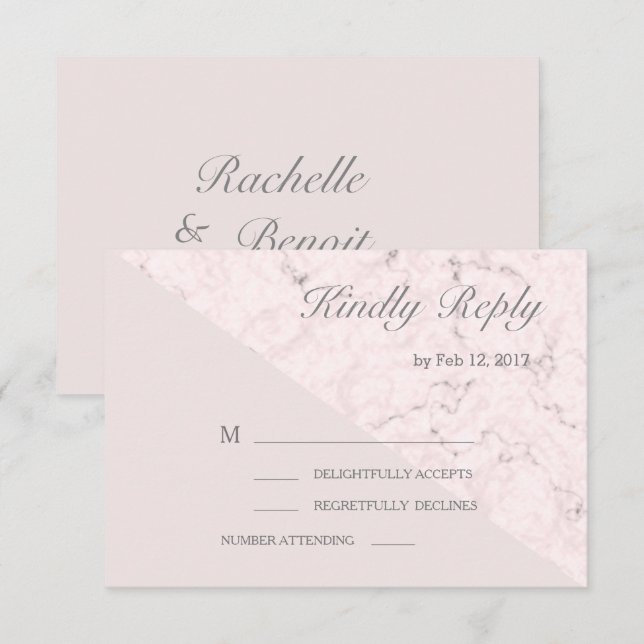 Invitación Rsvp de boda moderna de mármol gris rosa Rubor (Anverso / Reverso)