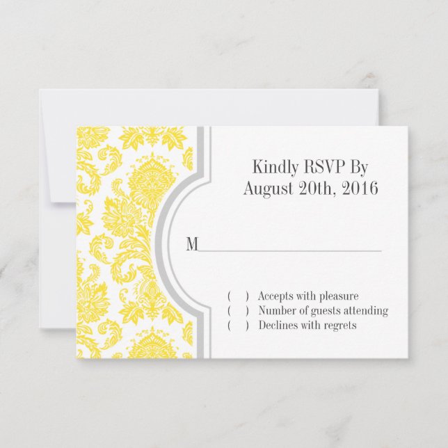 Invitación RSVP de boda personalizada de Damask amarillo (Anverso)
