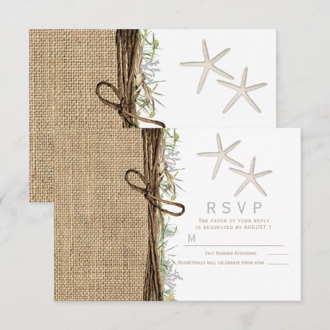 Invitación RSVP de Boda Rústica Costera de Playa con Estrella (Anverso / Reverso)