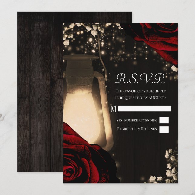 Invitación RSVP de boda Rústica de linterna brillante y rosas (Anverso / Reverso)