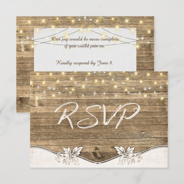 Invitación RSVP de bodas - luces brillantes y de madera (Anverso / Reverso)