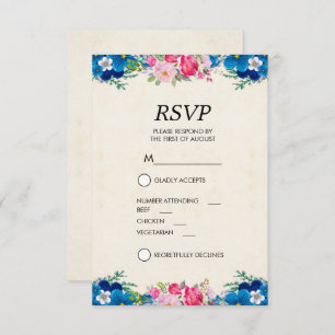 Invitación RSVP de borde de flor rosa y azul de bonito