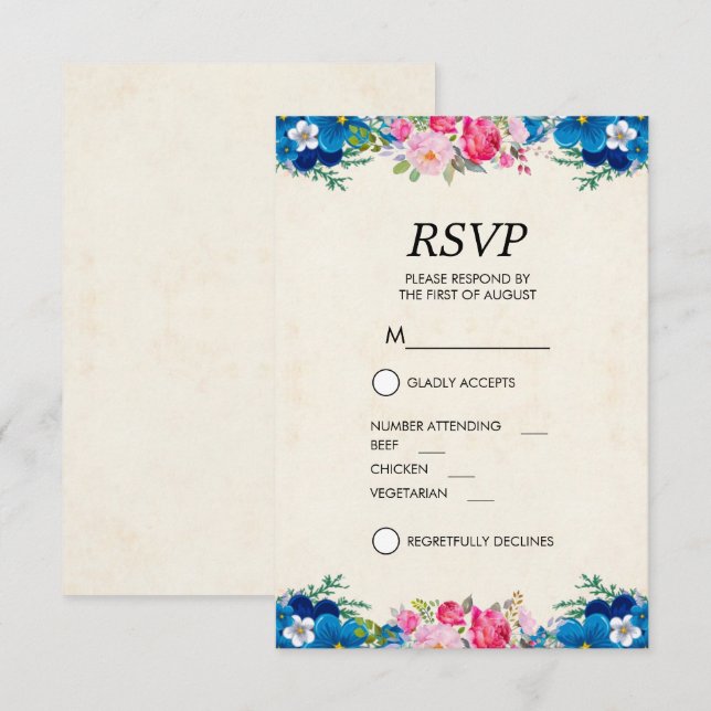 Invitación RSVP de borde de flor rosa y azul de bonito (Anverso / Reverso)