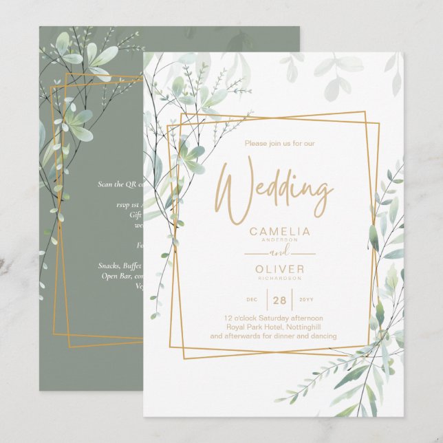 Invitación RSVP de código QR del Boda de verde del modelo (Anverso / Reverso)