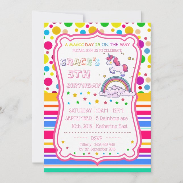 Invitación RSVP de cumpleaños mágico de arcoiris de Unicornio (Anverso)