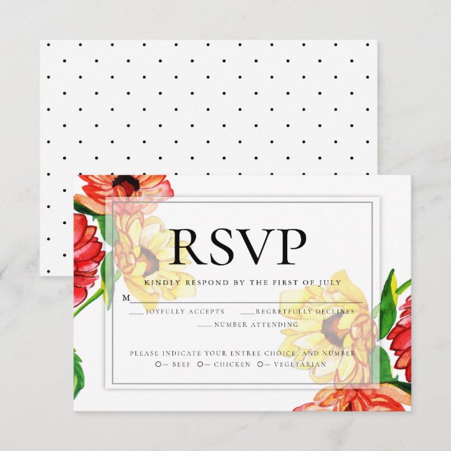 Invitación RSVP de elección de comida | Flora amarilla roja (Anverso / Reverso)