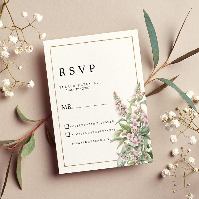 Invitación RSVP de flor de menta rosa botánica (Botanical pink mint flower bouquet RSVP)