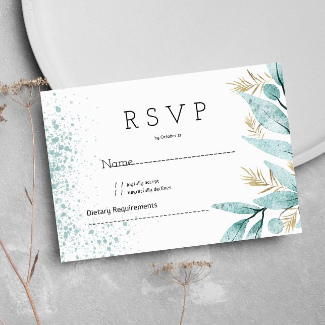 Invitación RSVP de follaje oro verde de menta acuática (Watercolor mint green gold foliage RSVP )