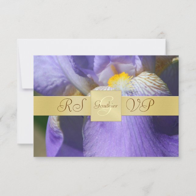 Invitación RSVP de iris morado monograma dorado (Anverso)