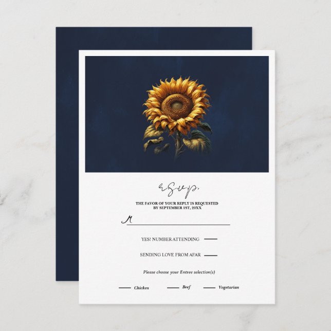 Invitación RSVP de la boda de girasol ruso azul (Anverso / Reverso)