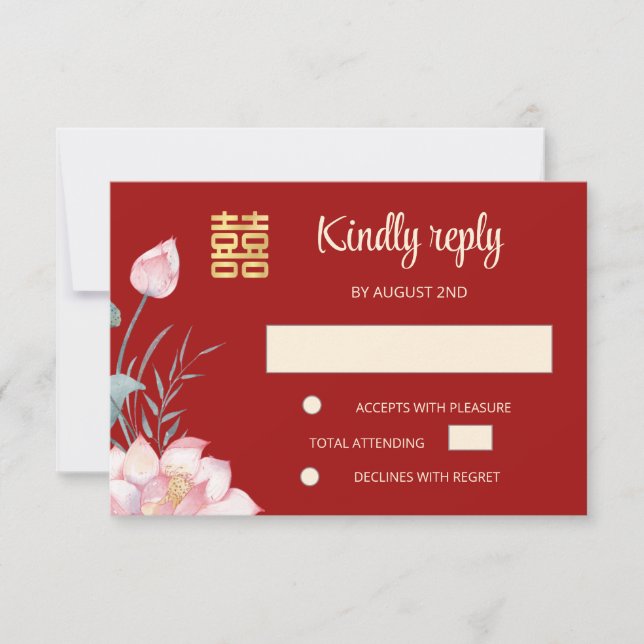 Invitación RSVP de la boda de Lotus Red Chinese (Anverso)