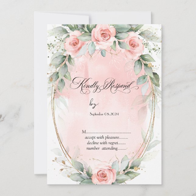 Invitación RSVP de la boda de marco dorado de las rosas rosad (Anverso)