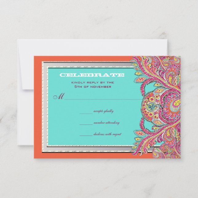 Invitación RSVP de la boda marroquí de mandarina y Aqua (Anverso)