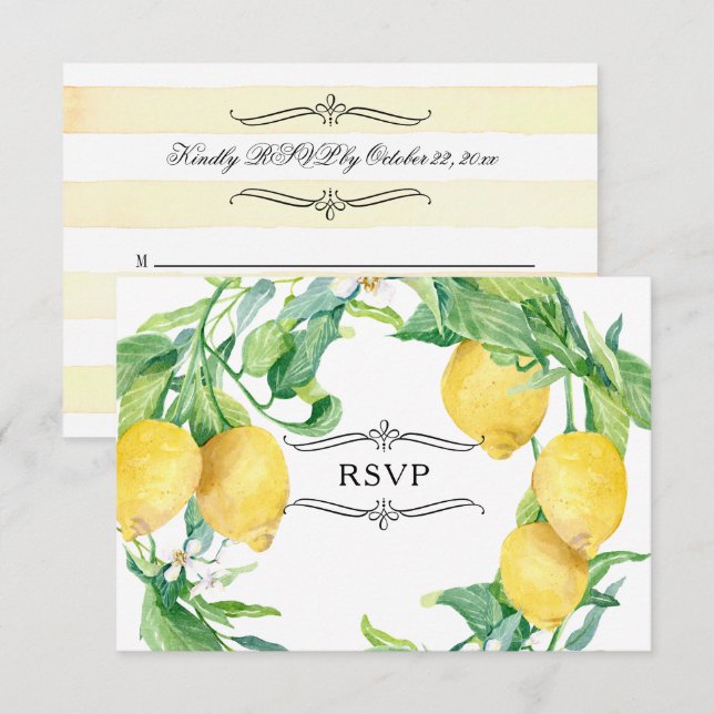 Invitación RSVP de limón floral con rayas horizontales (Anverso / Reverso)