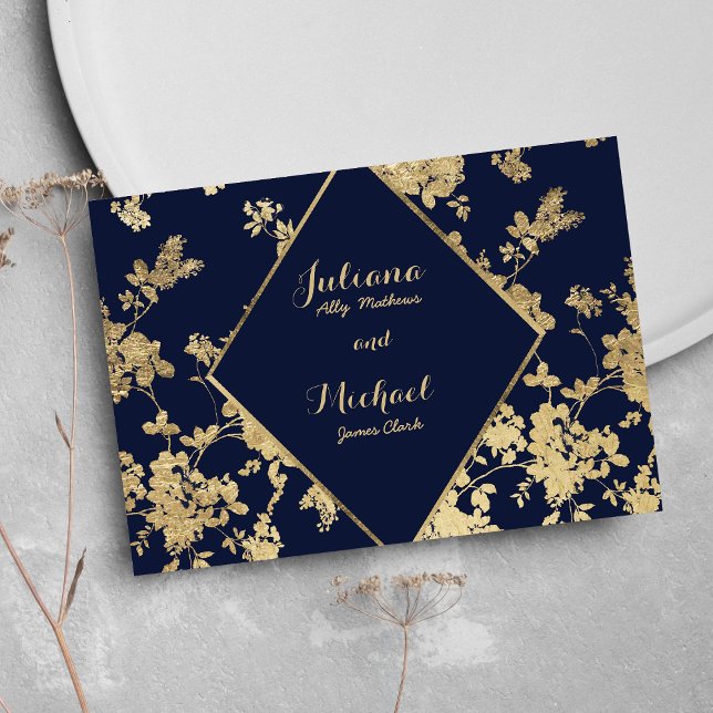 Invitación RSVP de lujo floral de encaje dorado az (Navy blue gold lace floral luxury RSVP )